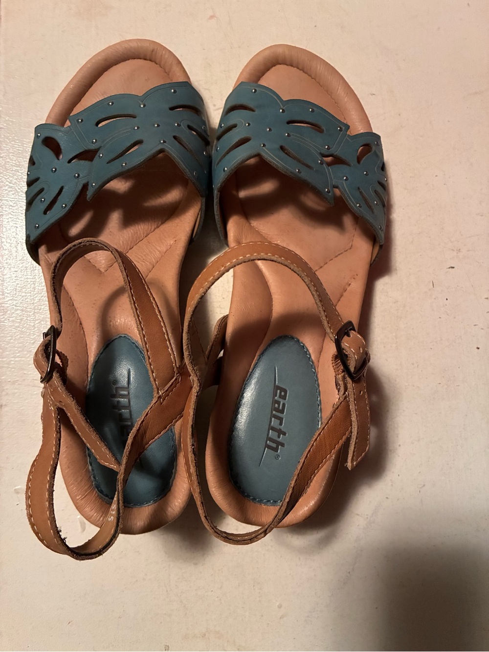 Earth Teal and Tan Women's Leather Cutout Sandals